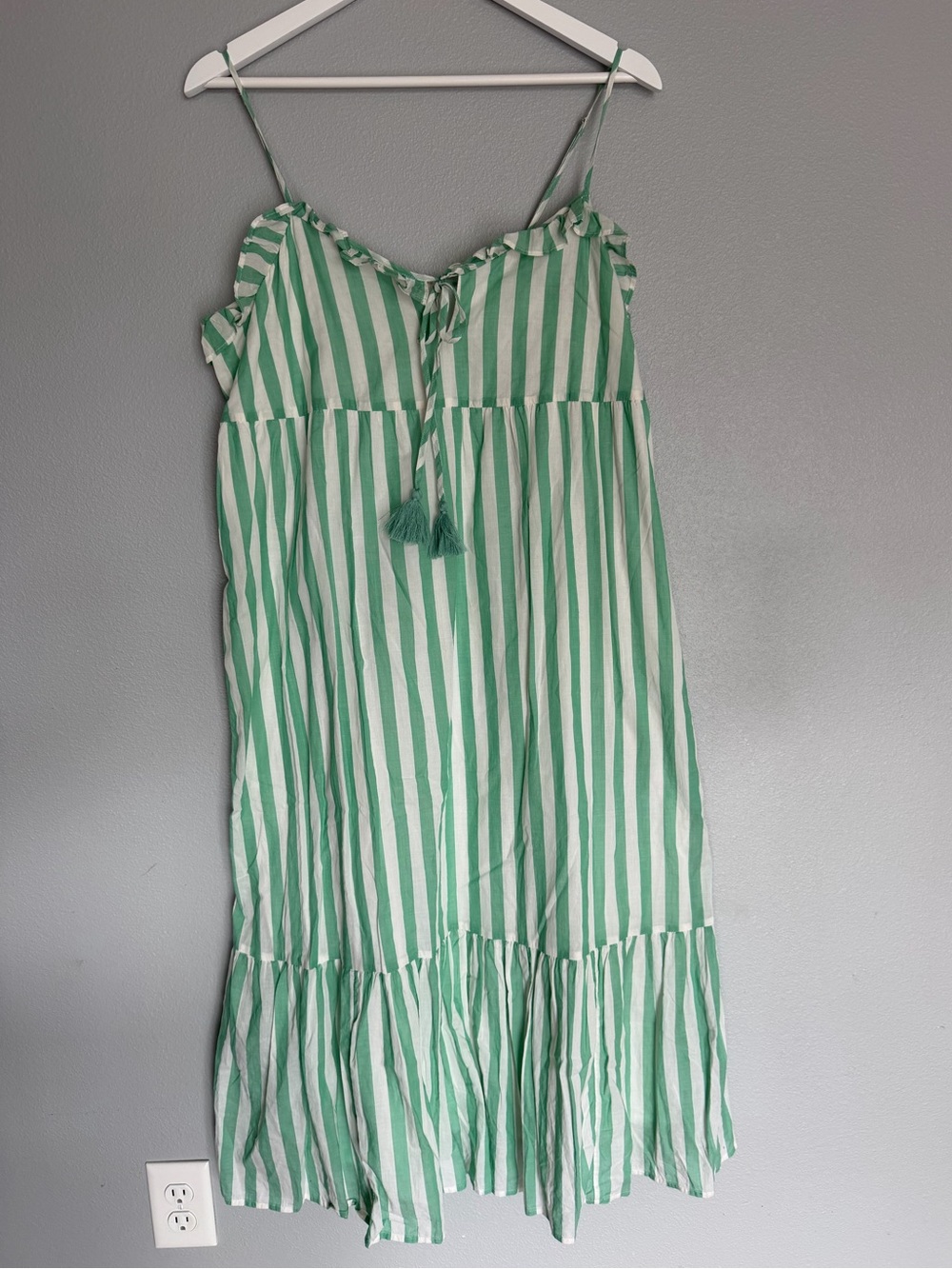 J Crew Factory white green vertical stripe 100% cotton midi dress Women’s sz L